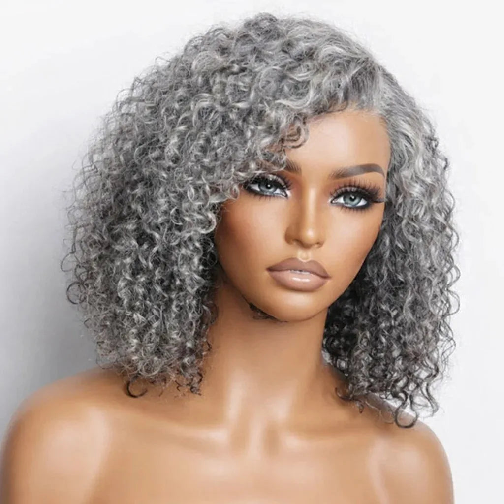 Silver Grey Curly Bob Human Hair Wig