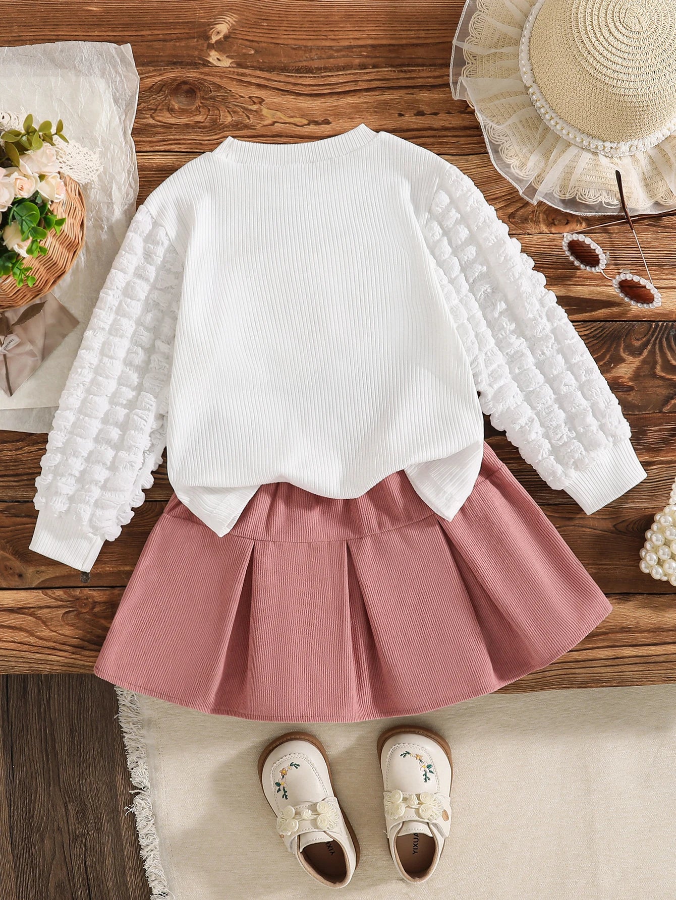 Girls’ 2-Piece Pink Lantern Sleeve Top & Bow Skirt Set