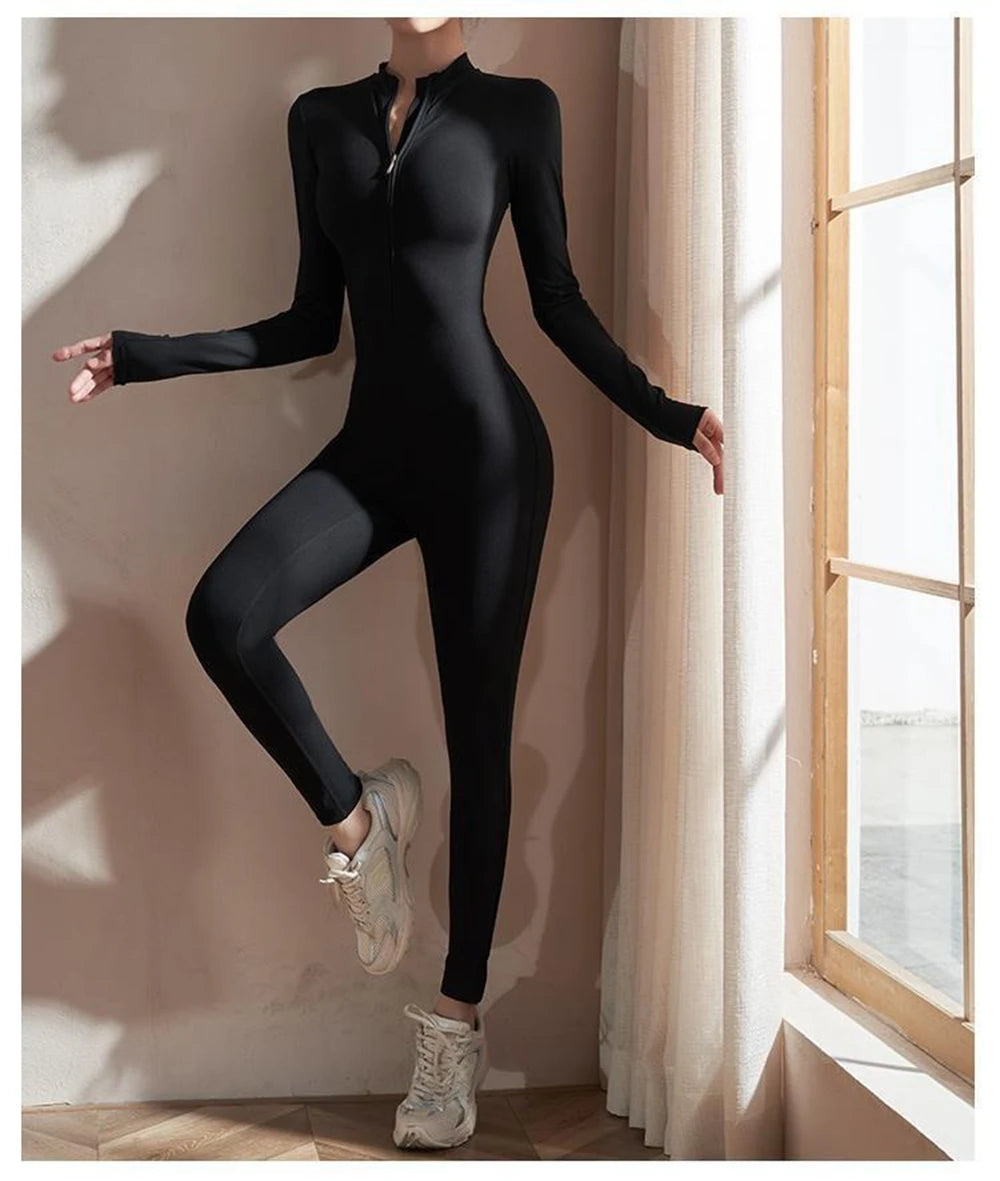Black Long-Sleeve Slim Fit Yoga Jumpsuit