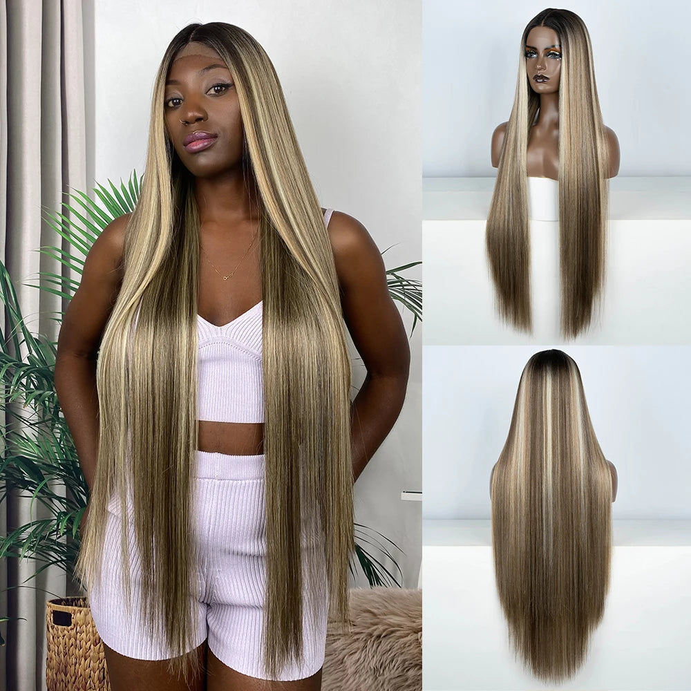 38" Long Straight Synthetic Lace Front Wig