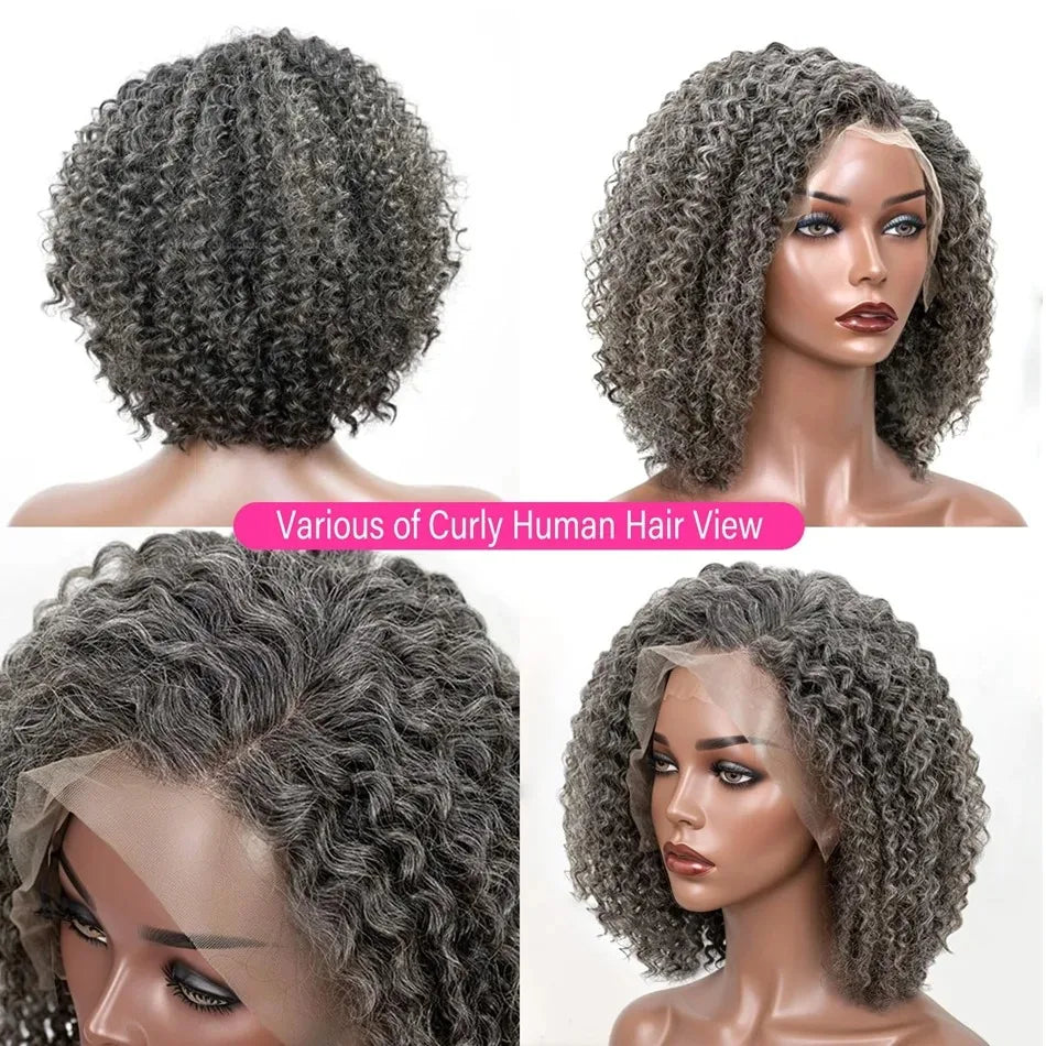 Silver Grey Curly Bob Human Hair Wig