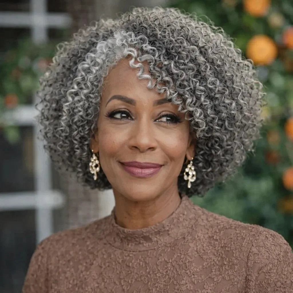 Silver Grey Curly Bob Human Hair Wig