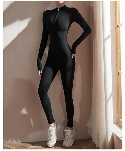 Black Long-Sleeve Slim Fit Yoga Jumpsuit