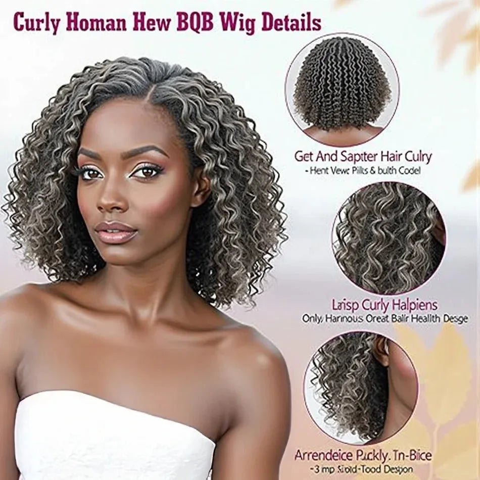 Silver Grey Curly Bob Human Hair Wig