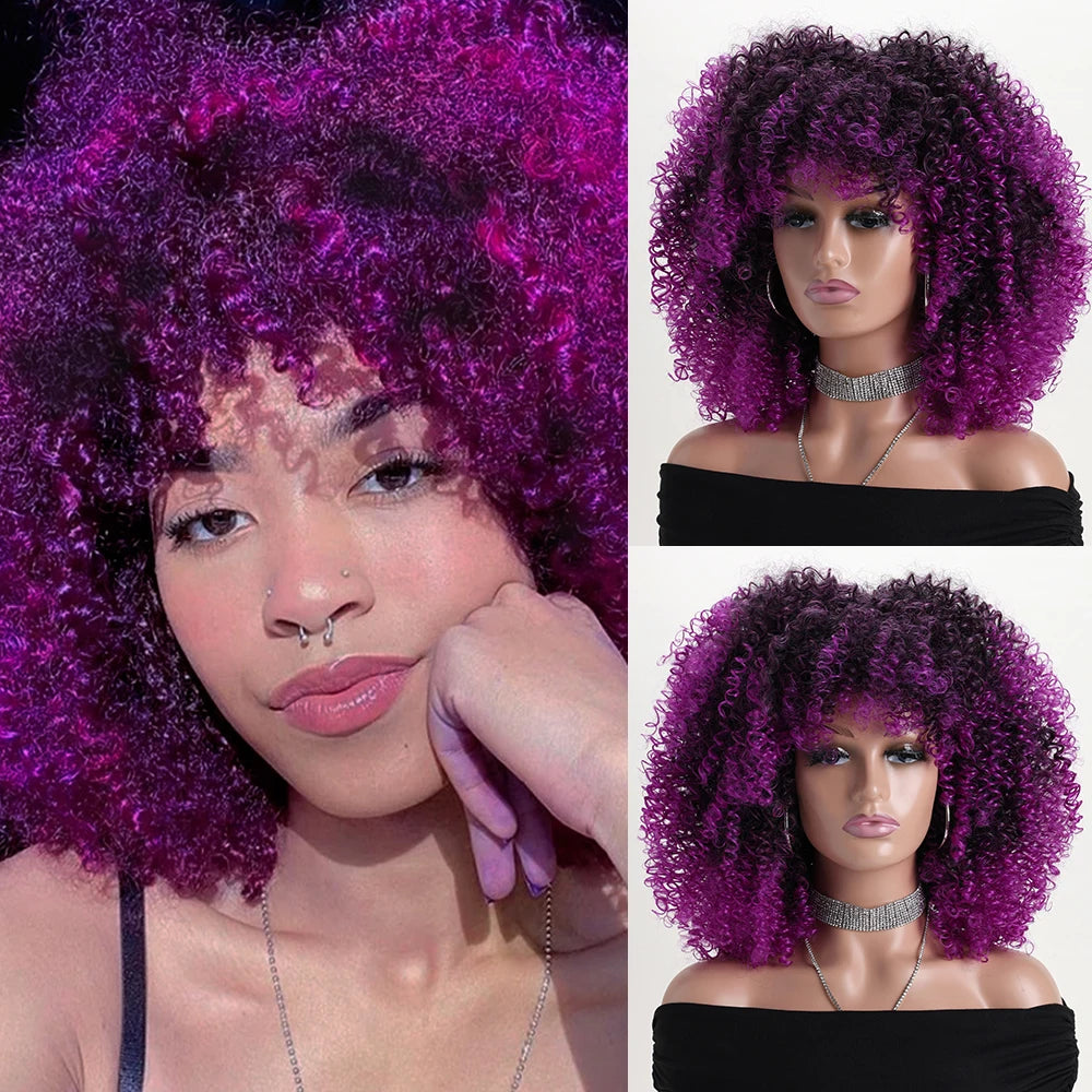 Afro Kinky Curly Synthetic Wig with Bangs